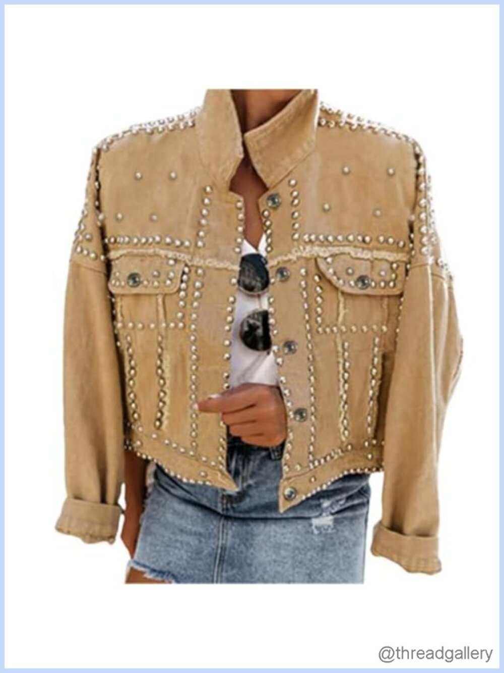 Studded Denim Jacket Frayed Cropped Western Trucker Jean Coat Women